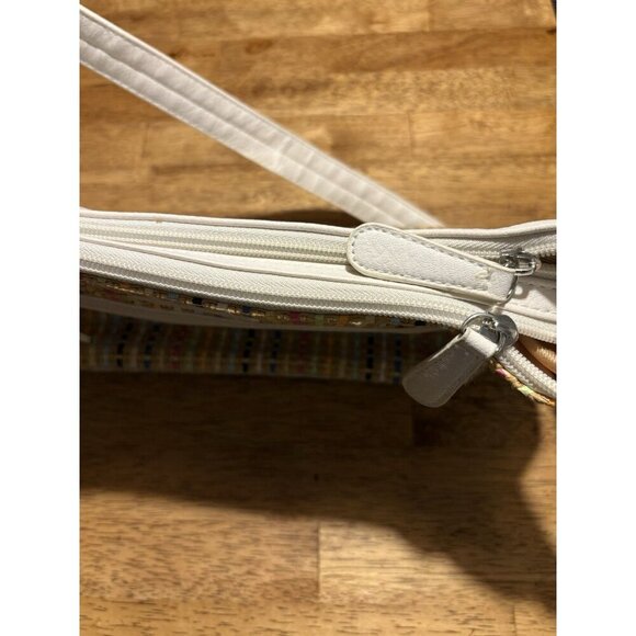 STONE & CO. Shoulder Bag White Faux Leather Multicolor Woven Straw Purse Boho - Picture 11 of 16